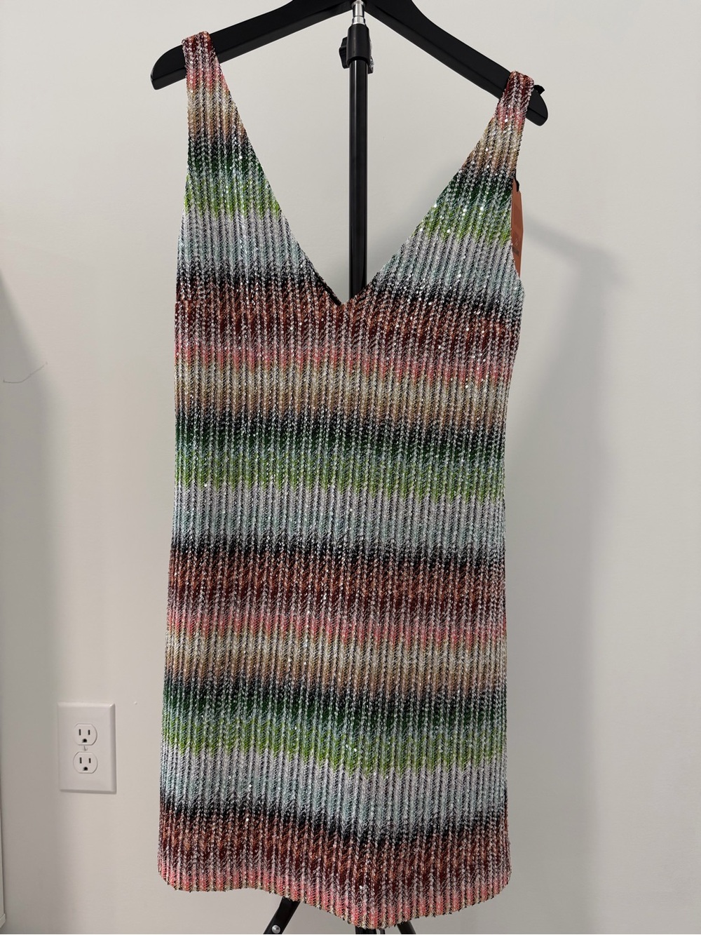 Missoni Striped V-Neck Ribbed Mini Dress in Green, Pink & Brown